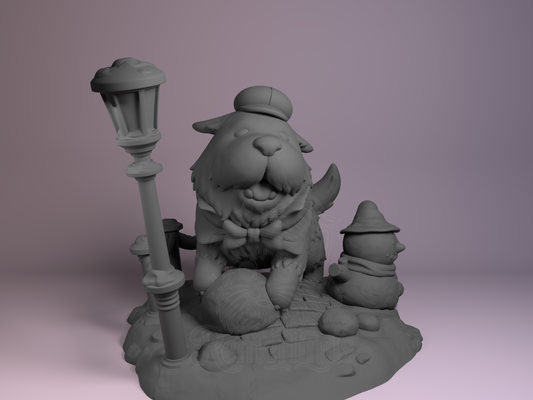Bond Spy Family 3D printed resin Chibi by Nomnom Figures, unpainted front view showing Bond sitting beside lamp post and snowman.