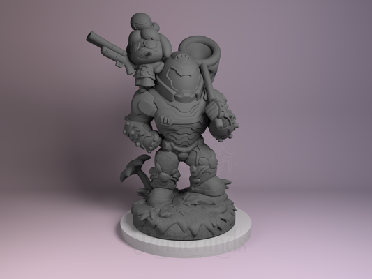 Isabelle Doom Crossing 3D printed resin Chibi by Nomnom Figures, unpainted front view showing Isabelle atop armored Doom Slayer.