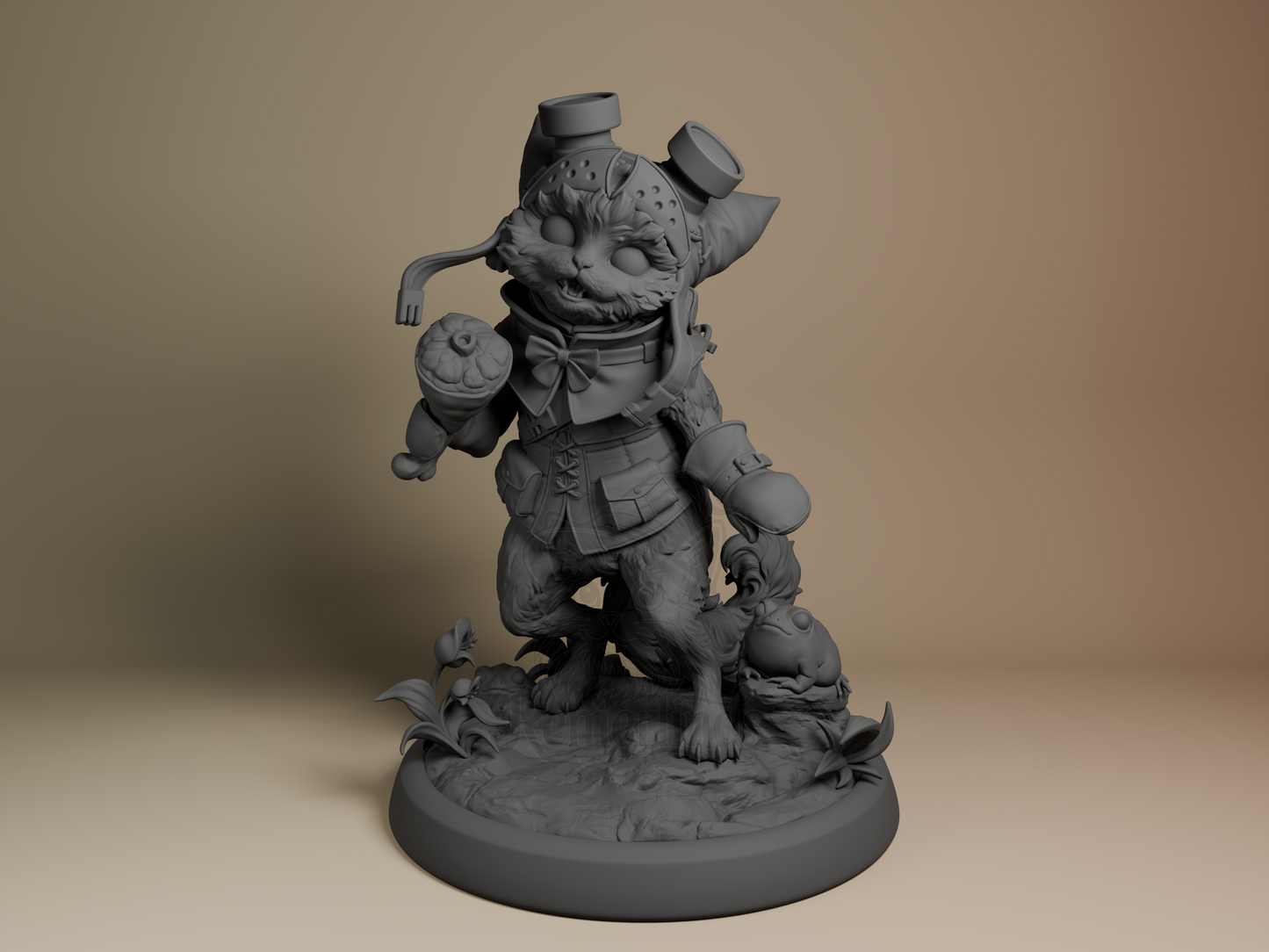 Palico and Toad Monster Hunter 3D printed resin figurine by Bulkamancer, unpainted front view showing Palico in explorer outfit holding a toad companion on a textured forest base.