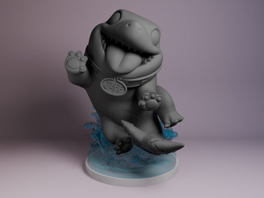 Chibi Shark Pal Tiny Hero Companion 3D printed resin Chibi by Bulkamancer, unpainted front view showing joyful pose with tongue out and raised paws, supported by transparent water splash base.