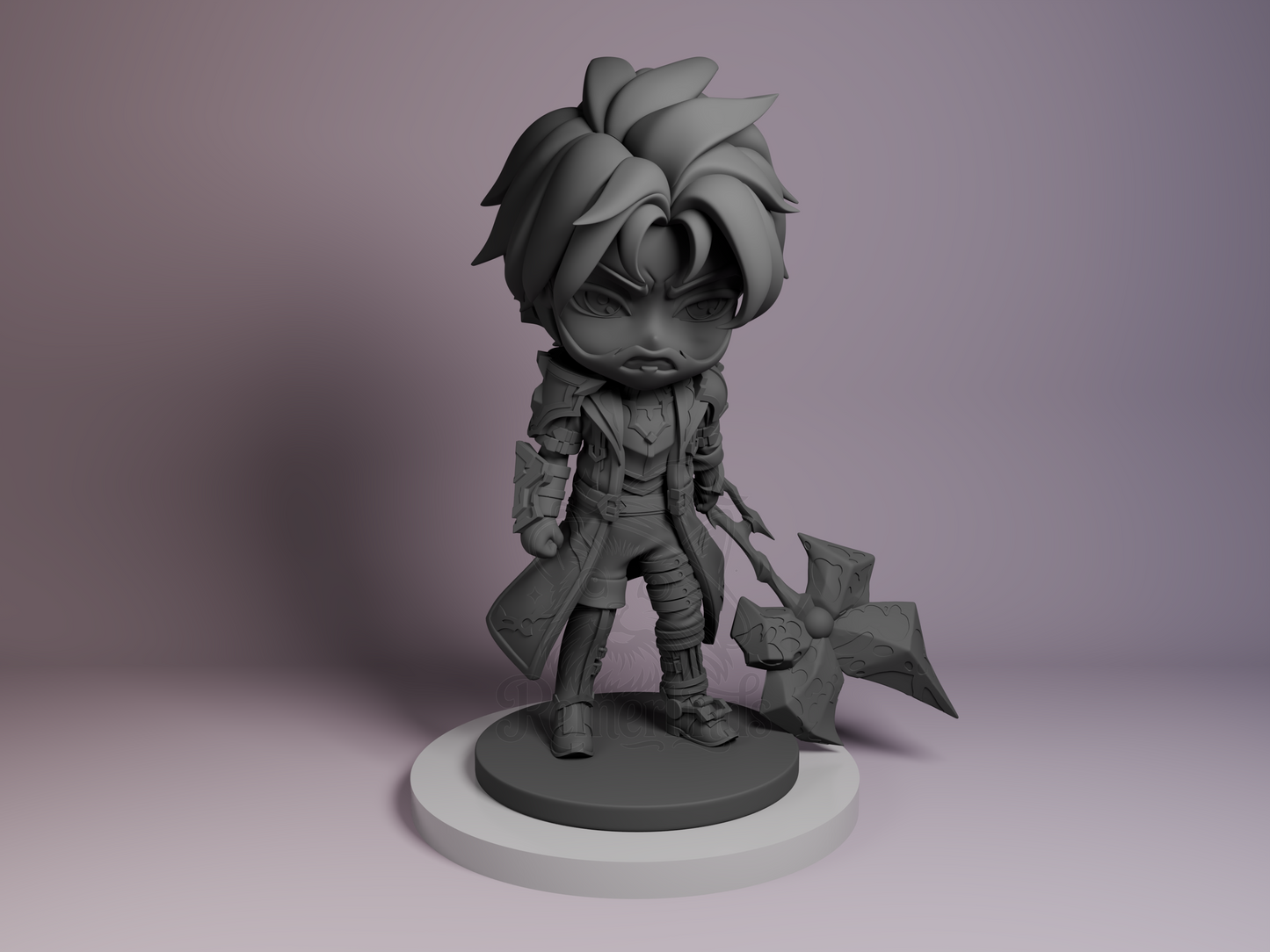 Chibi Jayce Arcane resin figure by Bulkamancer, unpainted front view showing hammer weapon and determined stance.