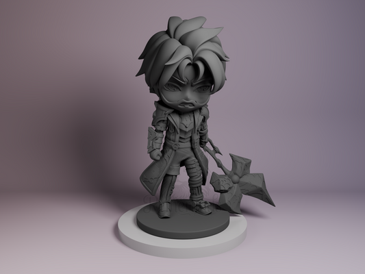 Chibi Jayce Arcane resin figure by Bulkamancer, unpainted front view showing hammer weapon and determined stance.