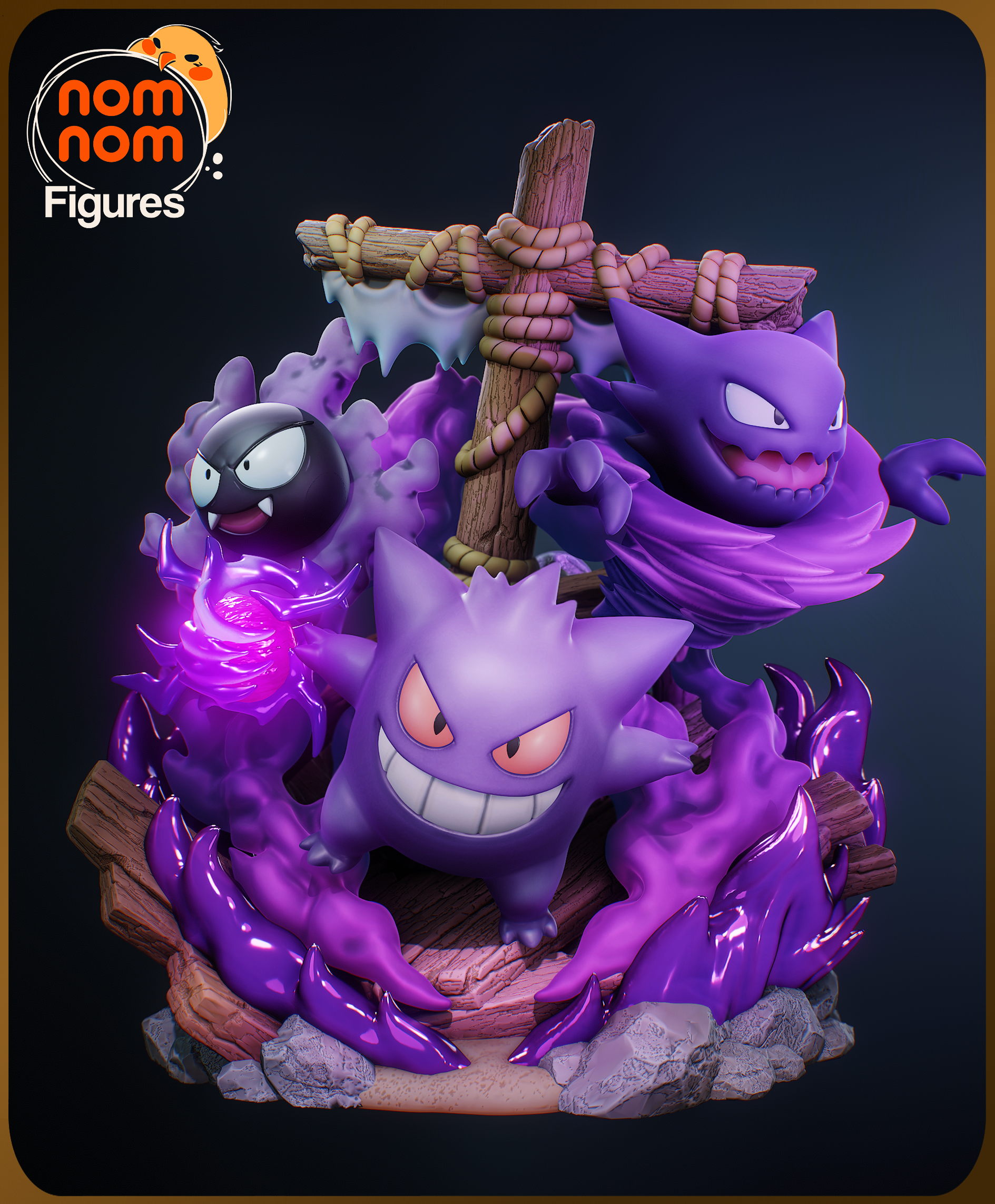 Fully painted sample of Gastly, Haunter & Gengar from Pokémon by Nomnom Figures, showing intended eerie purple glow effect.