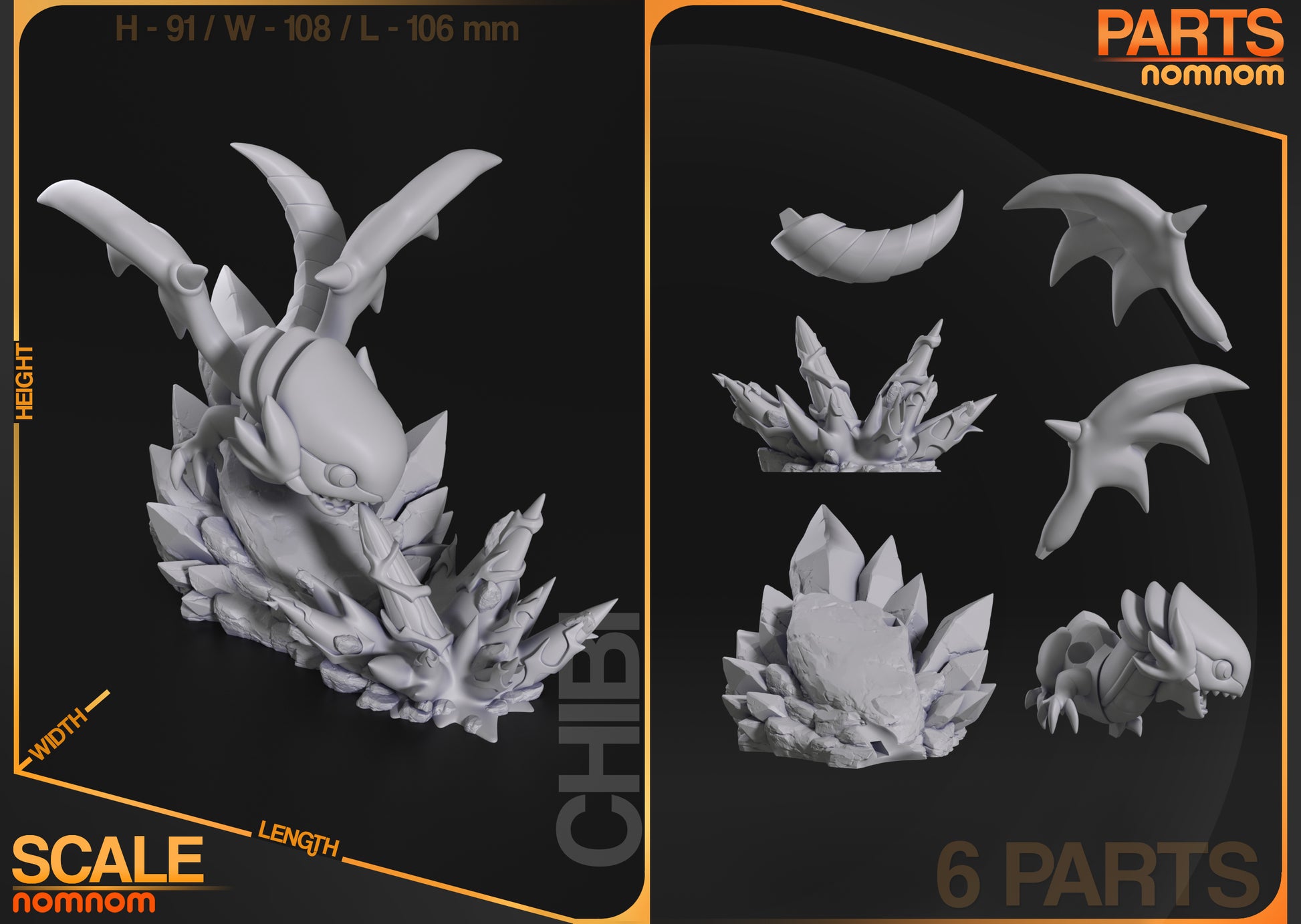Parts and size reference image showing base, dragon figure, and transparent spell crystals.