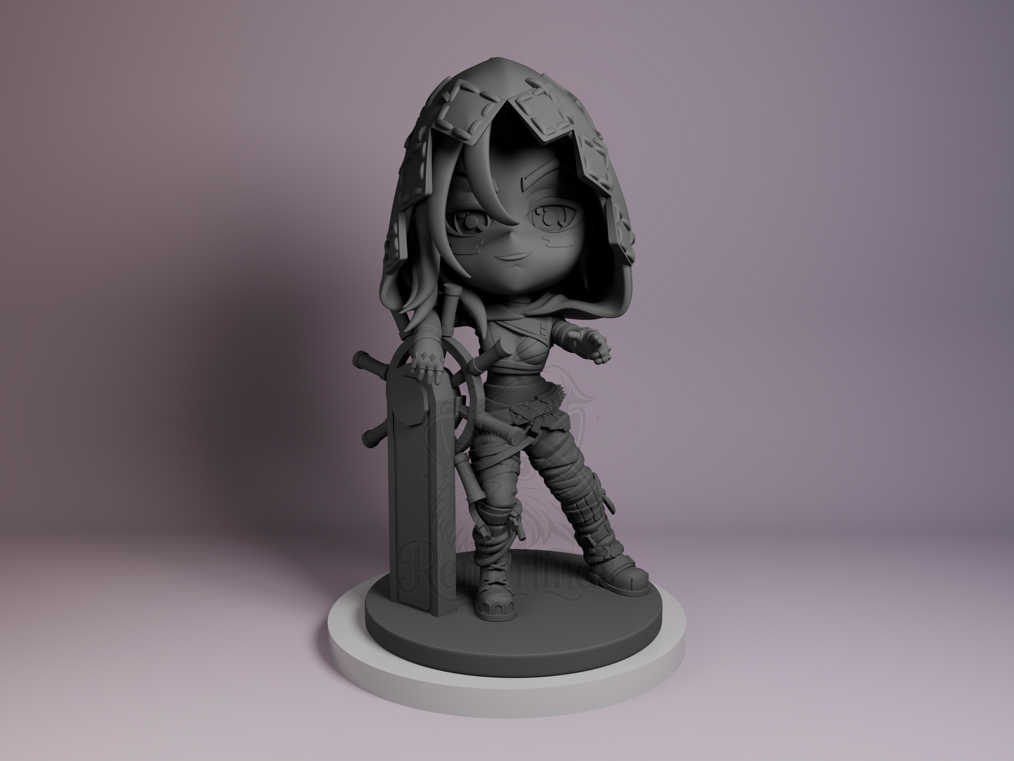 Chibi Jinx Arcane resin figure by Bulkamancer, unpainted front view showing hooded pose with mischievous expression and large weapon beside her.