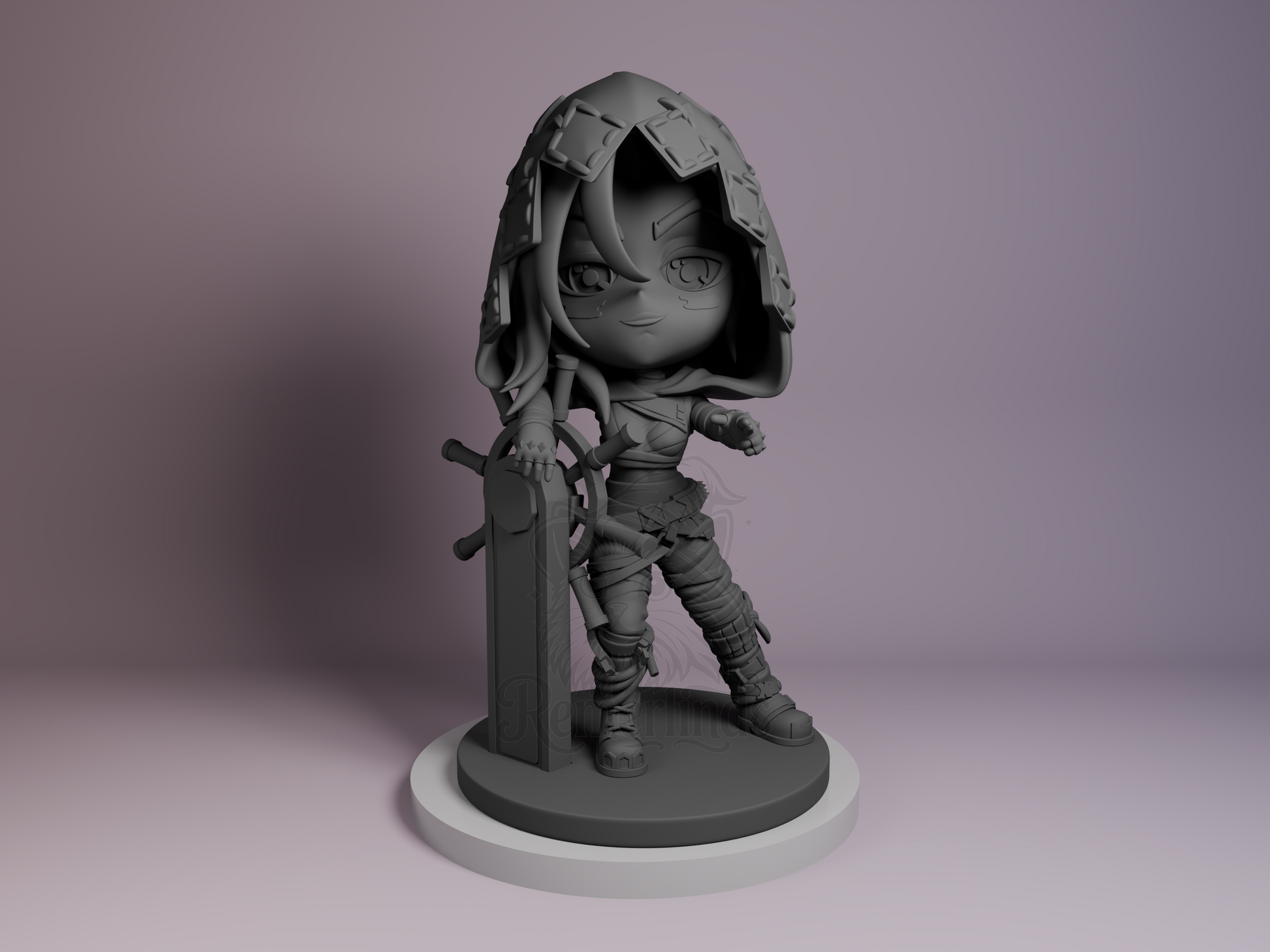 Chibi Jinx Arcane resin figure by Bulkamancer, unpainted front view showing hooded pose with mischievous expression and large weapon beside her.