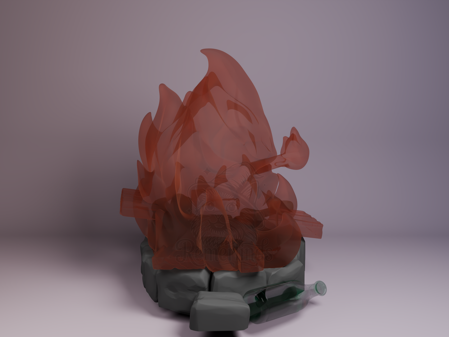 Right side angle highlighting flame layers and surrounding stone hearth.
