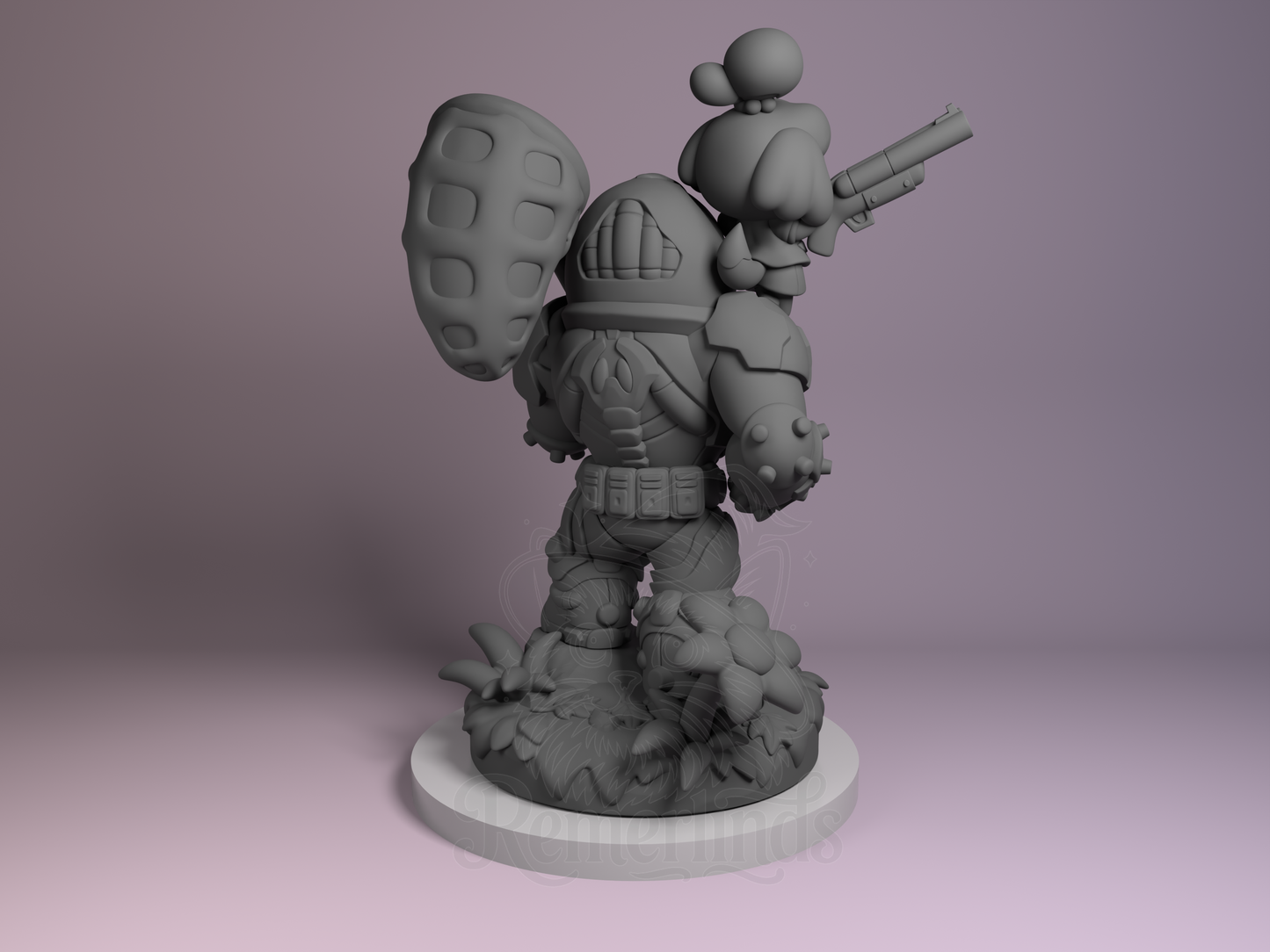 Rear view showing armor plating, cape texture, and base structure.
