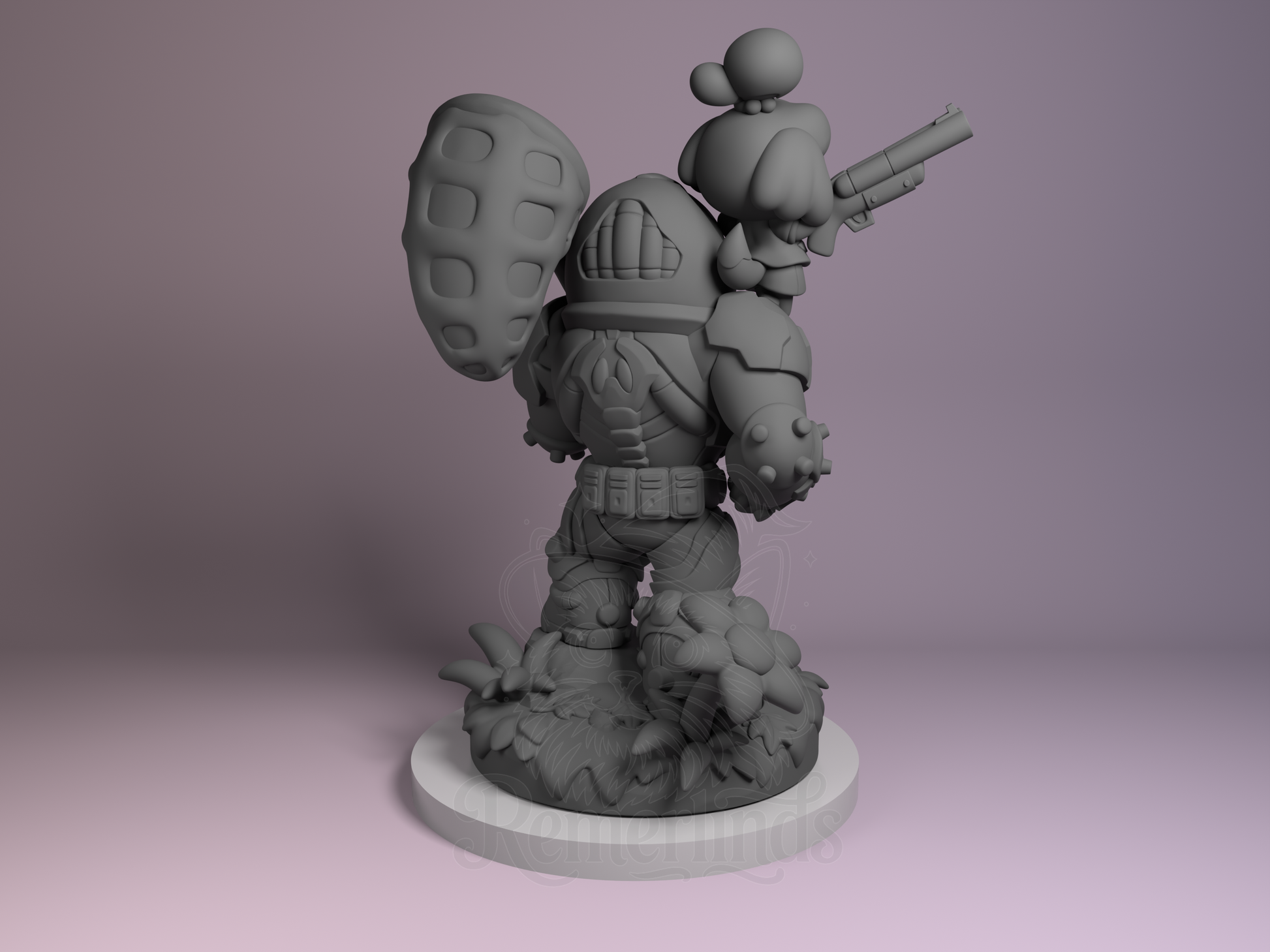 Rear view showing armor plating, cape texture, and base structure.