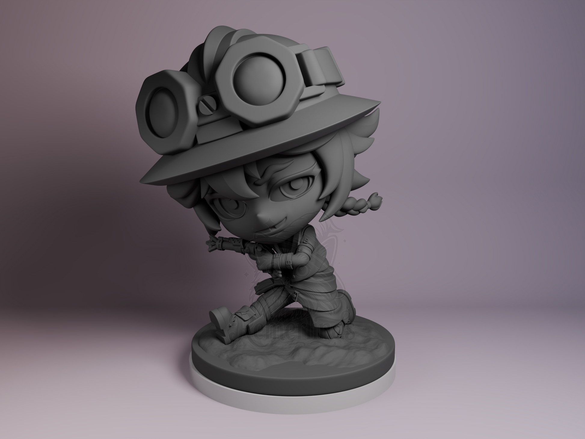 Chibi Isah Arcane resin figure by Bulkamancer, unpainted front view showing crouched pose with large goggles and confident grin.