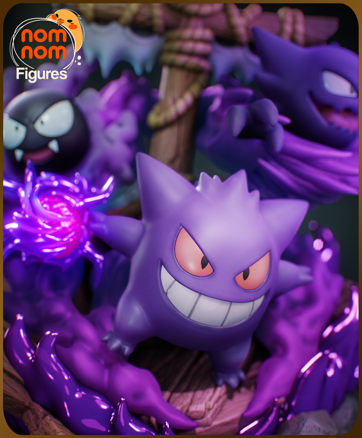 Gengar from Pokémon diorama by Nomnom Figures, fully painted close-up showing wide grin, glowing eyes, and swirling purple smoke effects around wooden post.