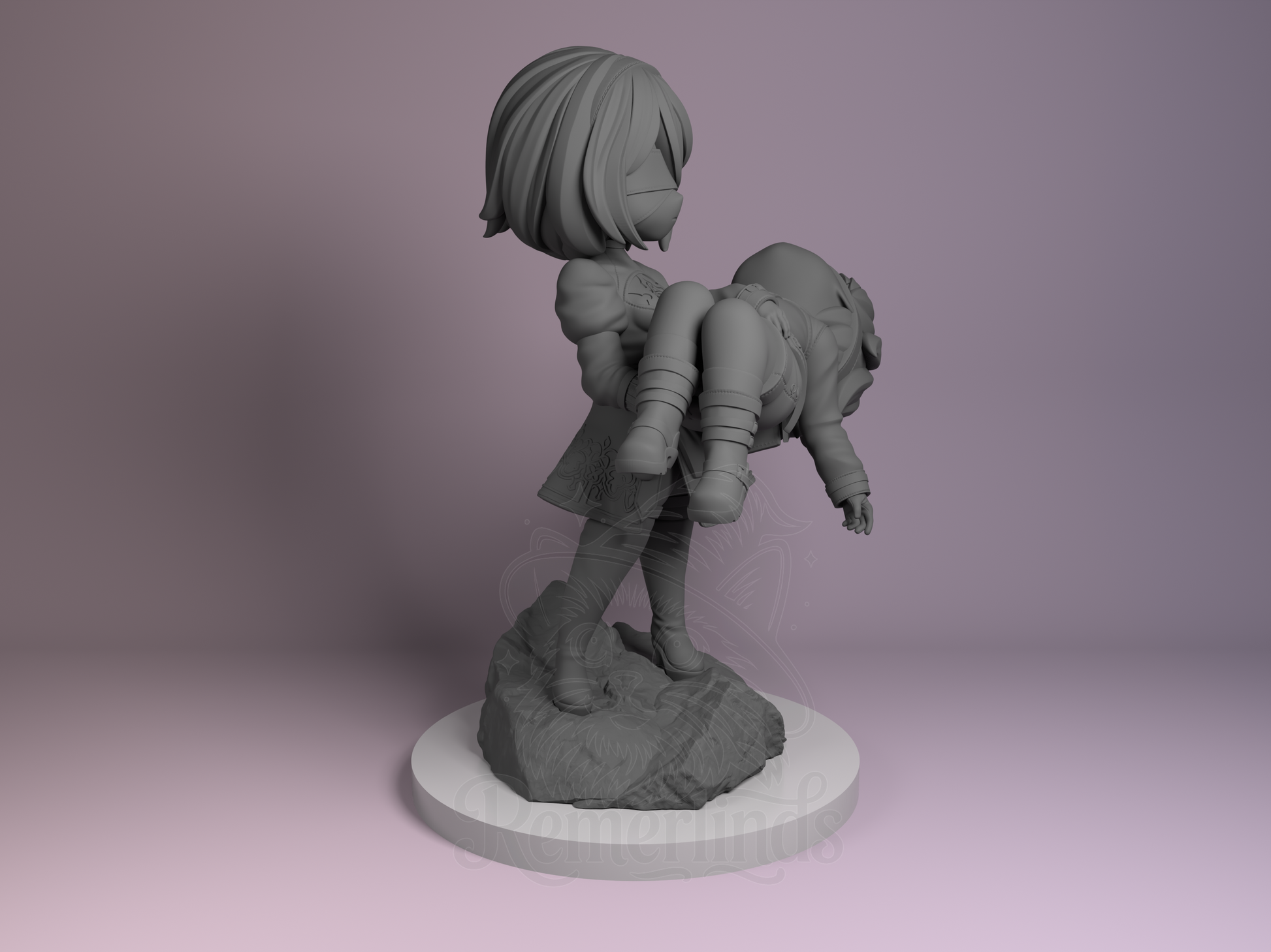 Right side angle highlighting 2B’s stance and 9S’s outfit details.