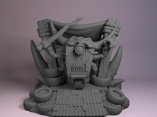 Cleptrop Edgeland Scraplands Frontier 3D printed resin Chibi by Nomnom Figures, unpainted front view showing robot against tire-and-bone barricade.