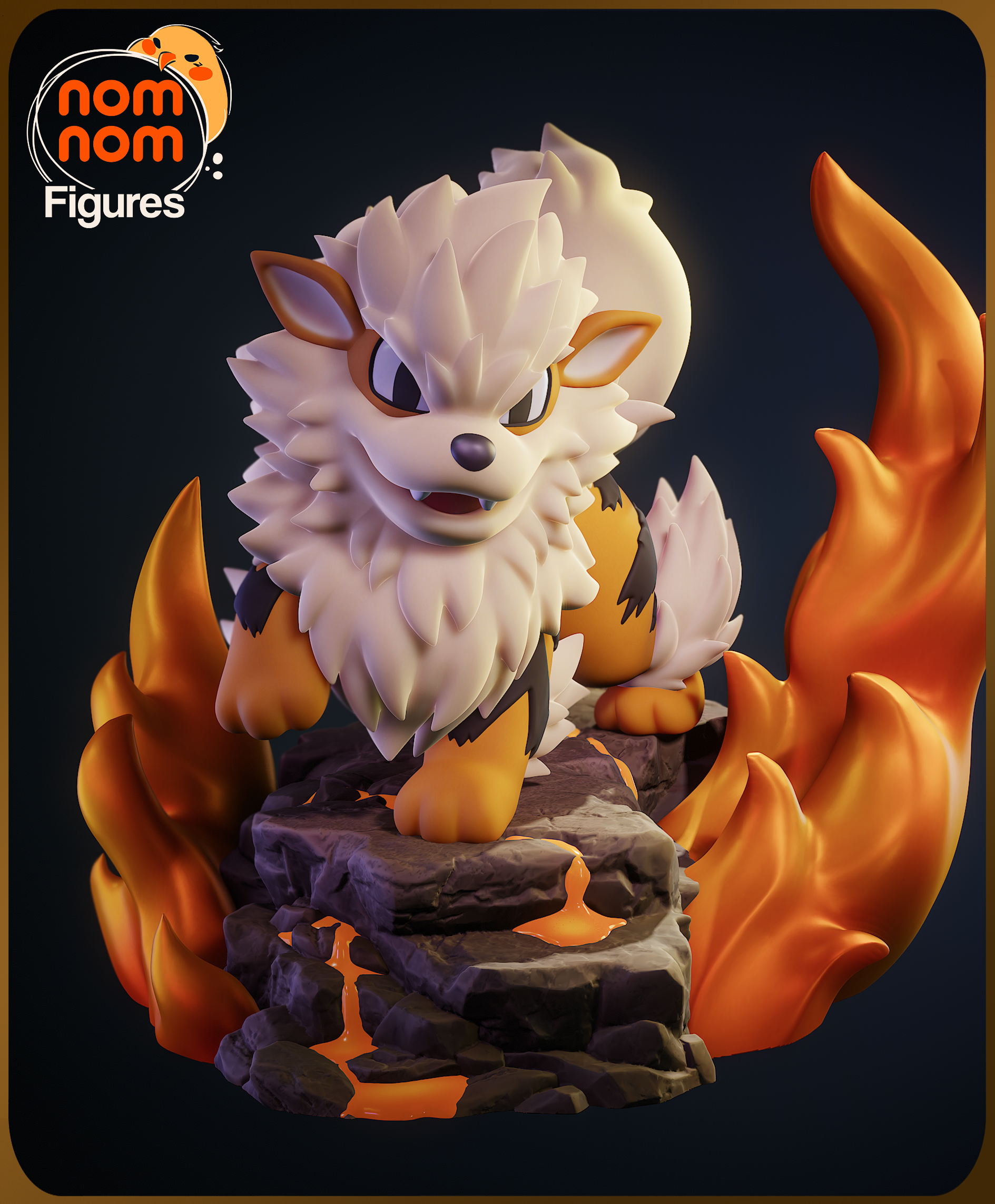 Fully painted sample of Chibi Arcanine from Pokémon by Nomnom Figures, showing intended final display look with glowing flame effects.