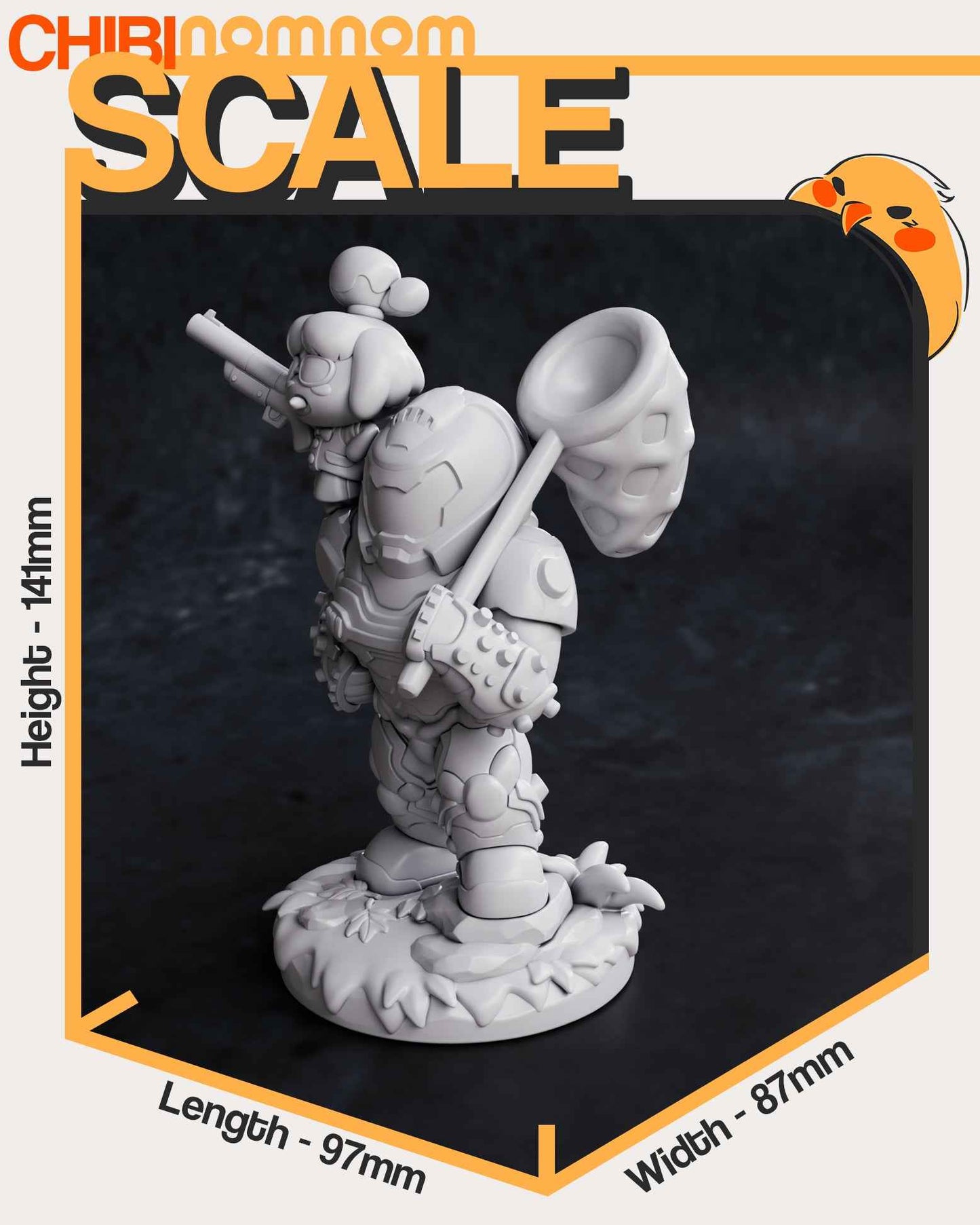 Parts and size reference image showing assembled figures, base, and accessories.