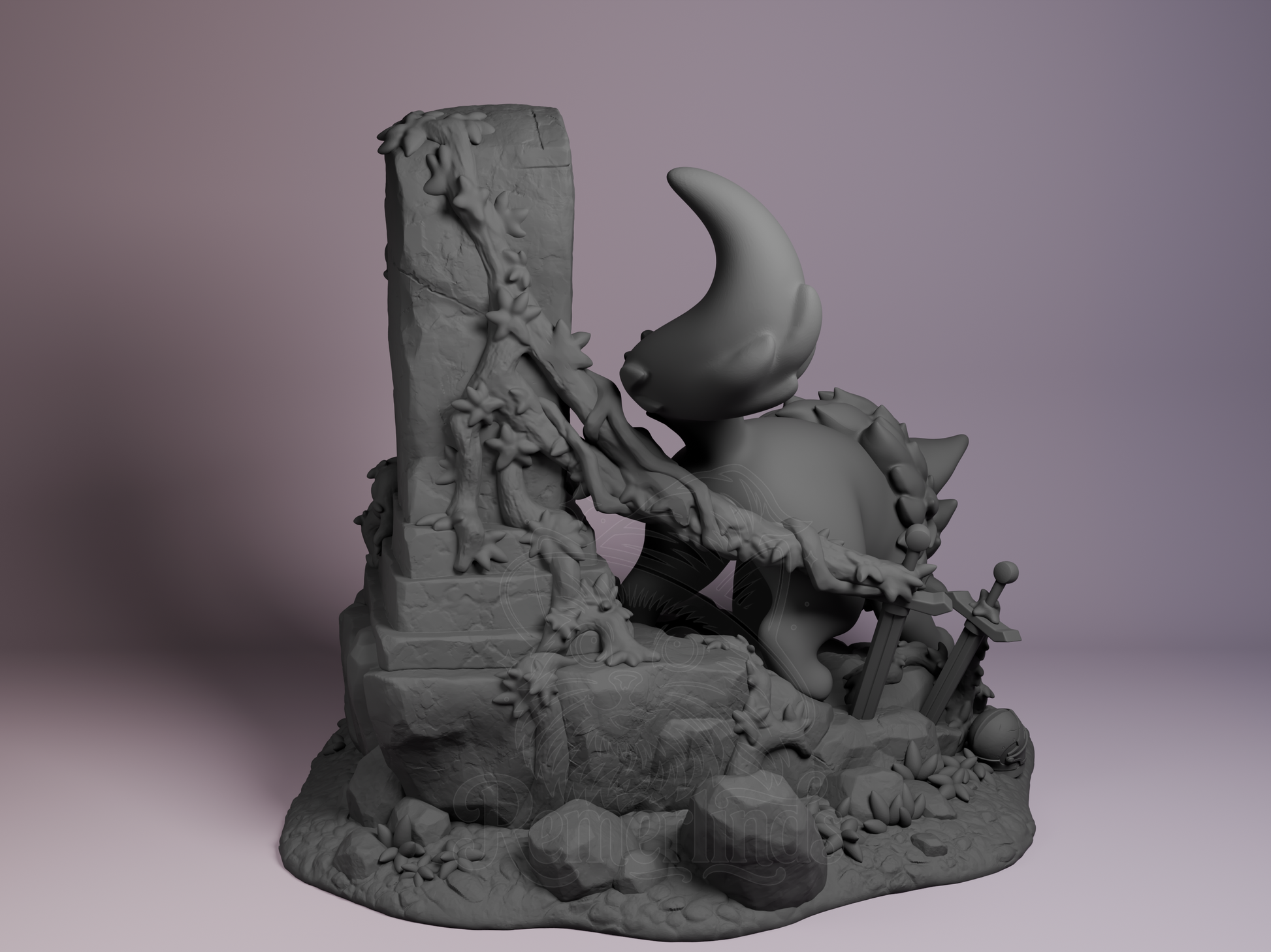 Rear view showing gravestone surface, vines, and base texture.