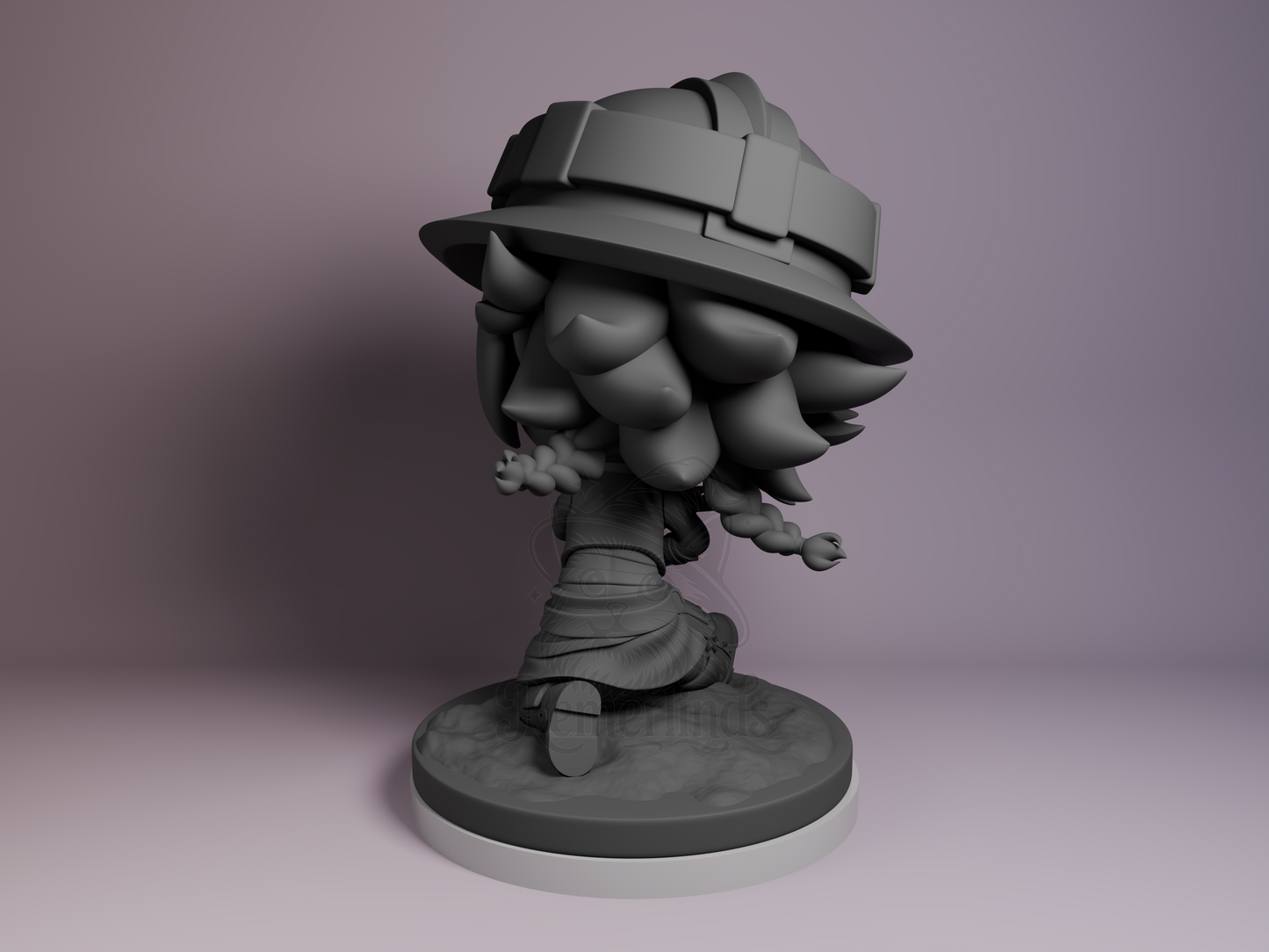 Back-left angle showing hat brim, braided hair, and coat folds.