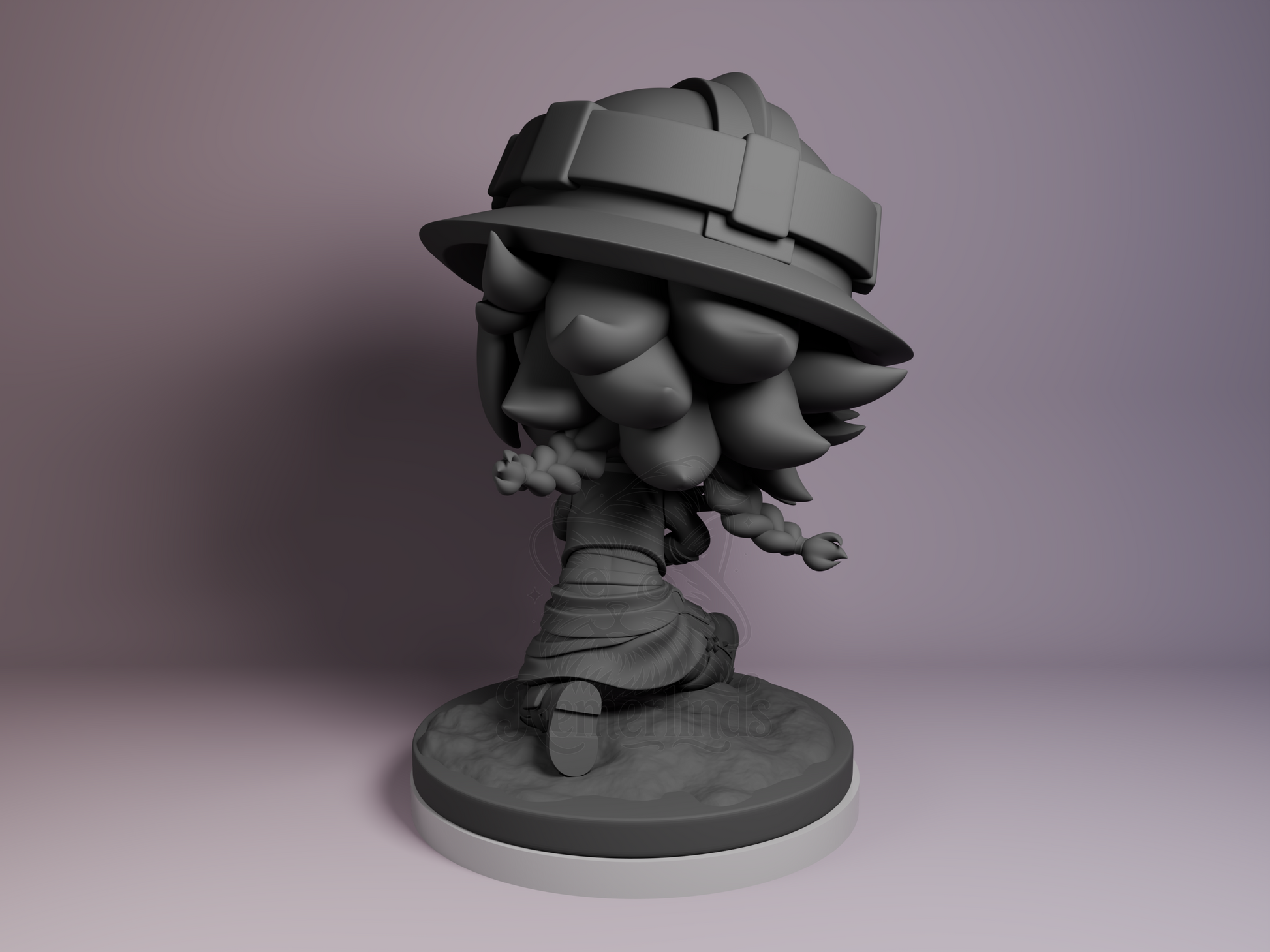 Back-left angle showing hat brim, braided hair, and coat folds.