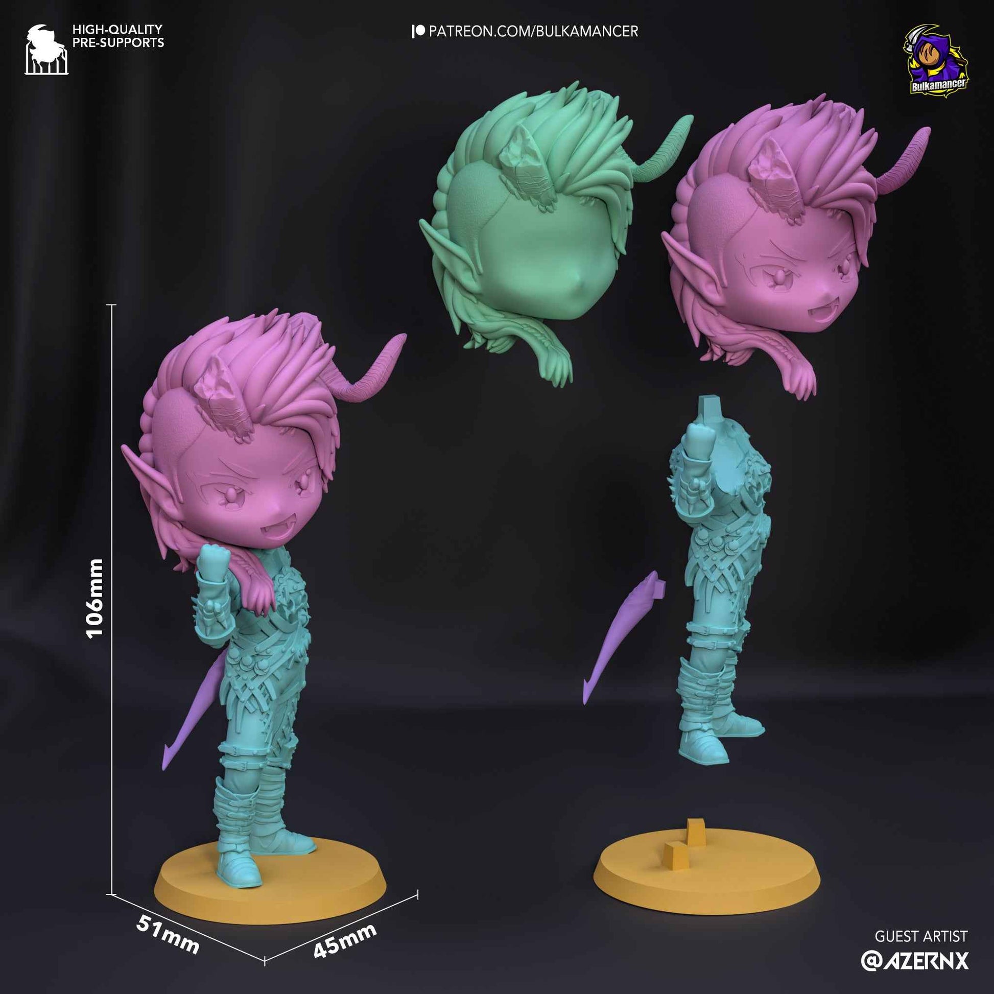 Parts and size reference image showing layout of the Chibi Karlach Baldur’s Gate resin figure by Bulkamancer.