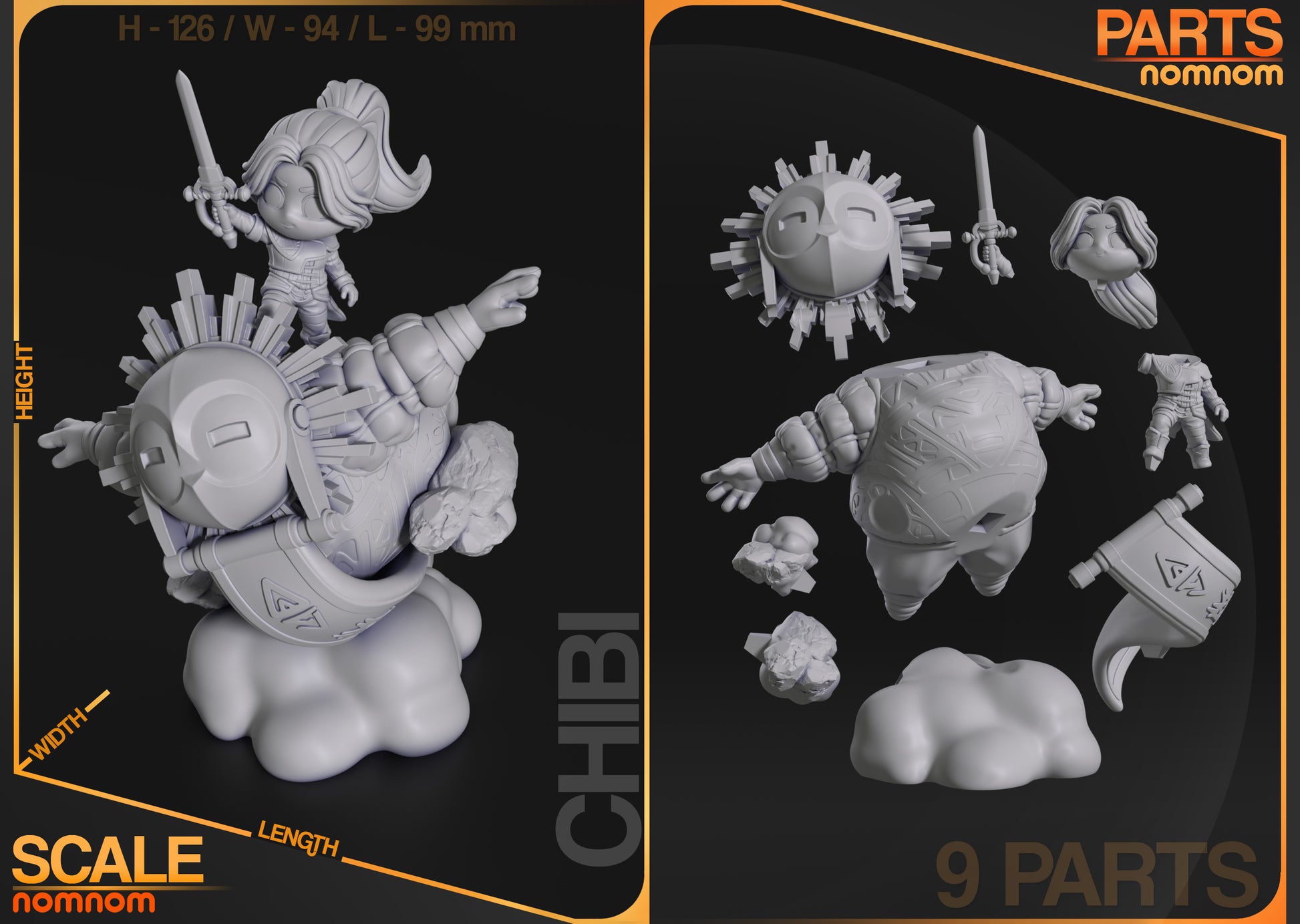 Parts and size reference image showing layout with characters, cloud base, and support structures.