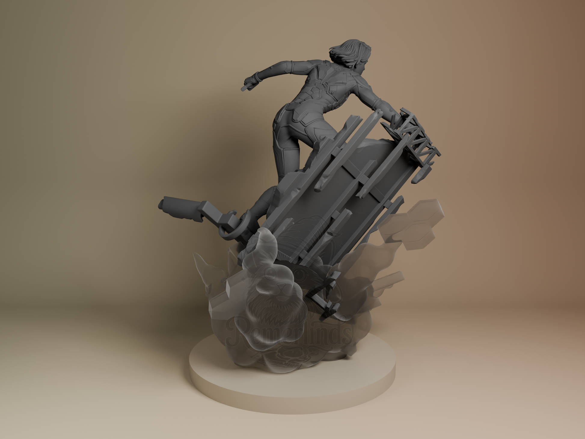 Rear view showing armor spine details, sword handle, and clear motion trail effects.