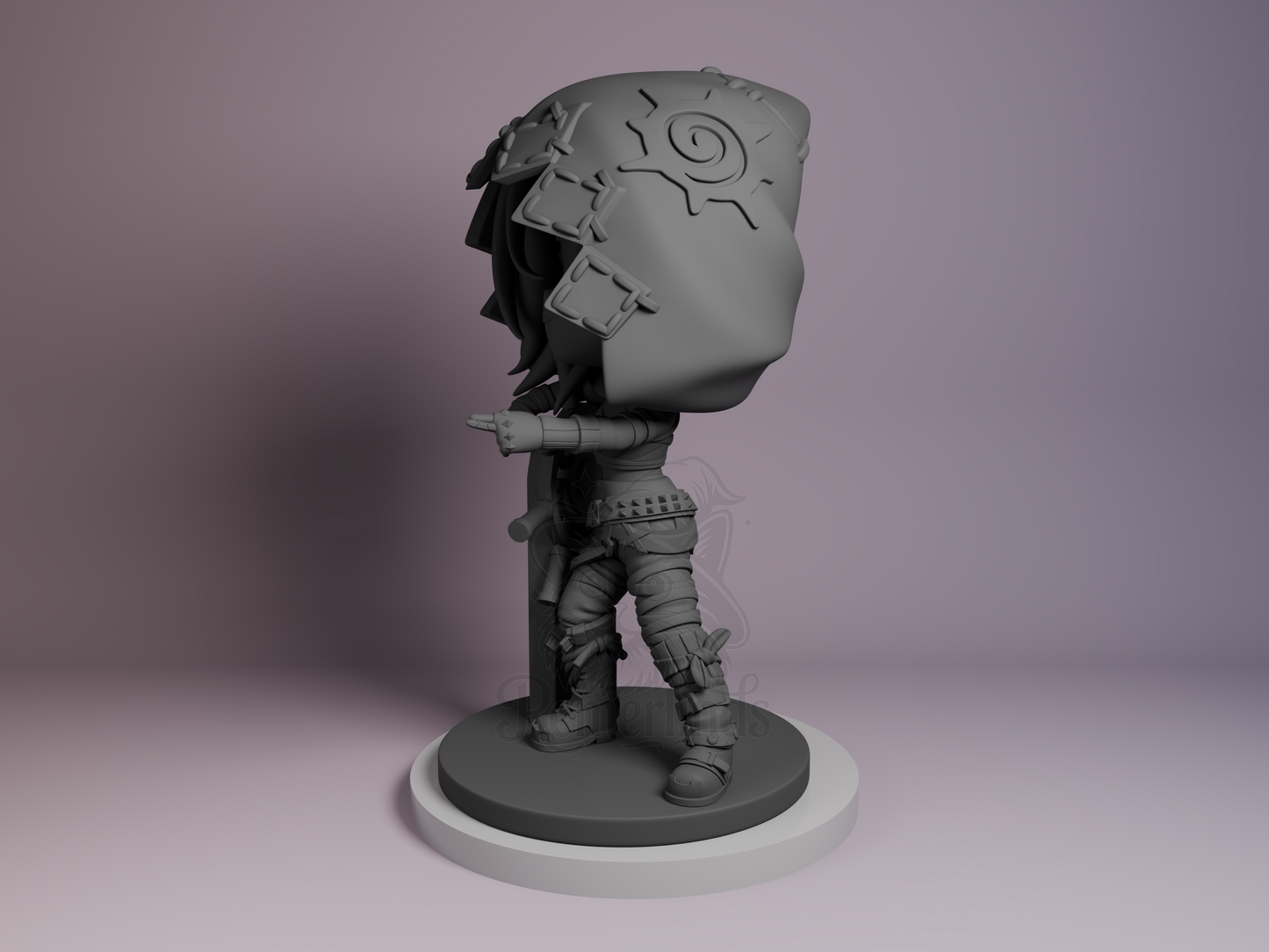 Left side angle showing cloak folds, belt pouches, and base texture.