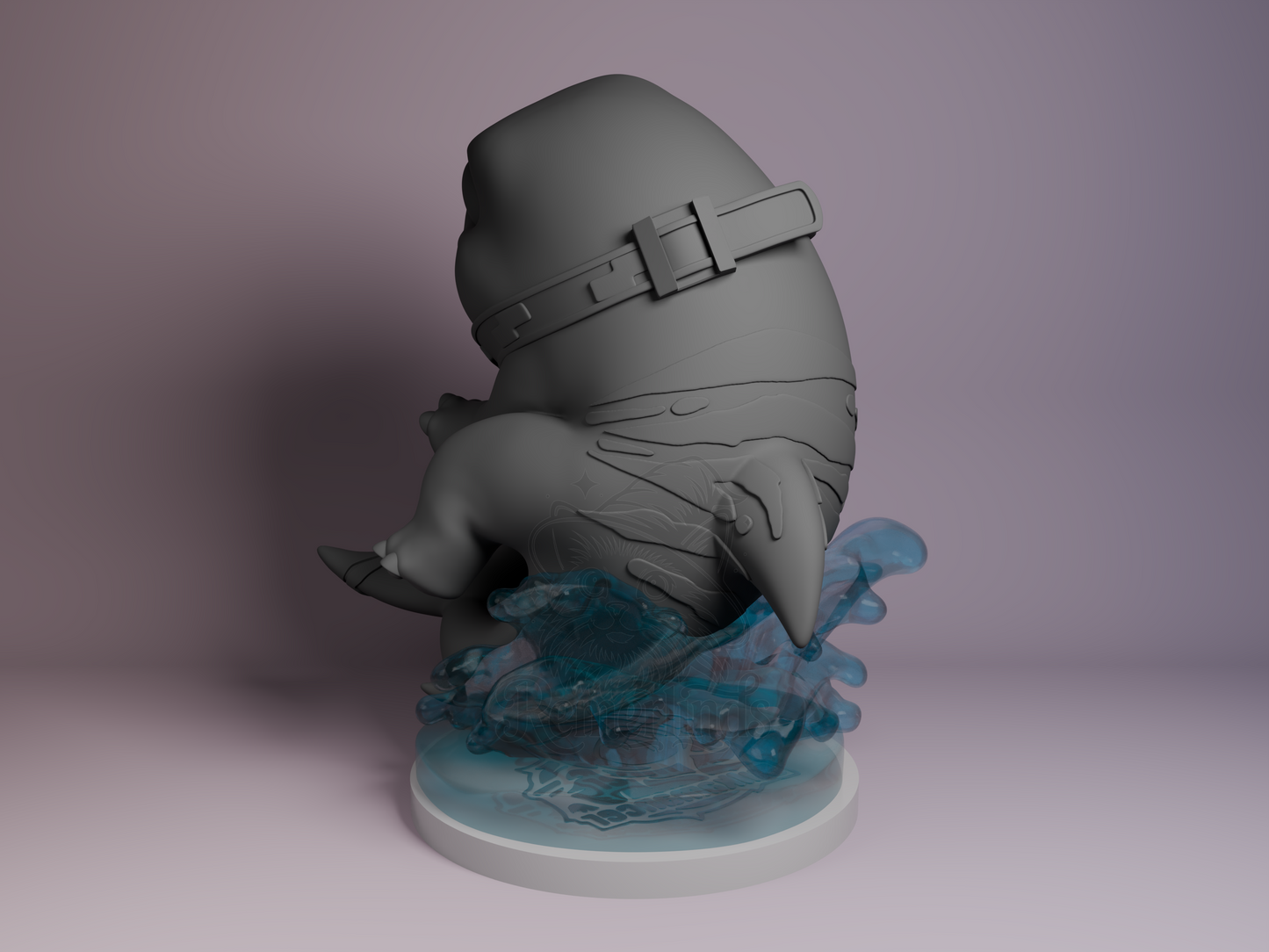 Back-left angle highlighting water splash details, tail curve, and collar texture.