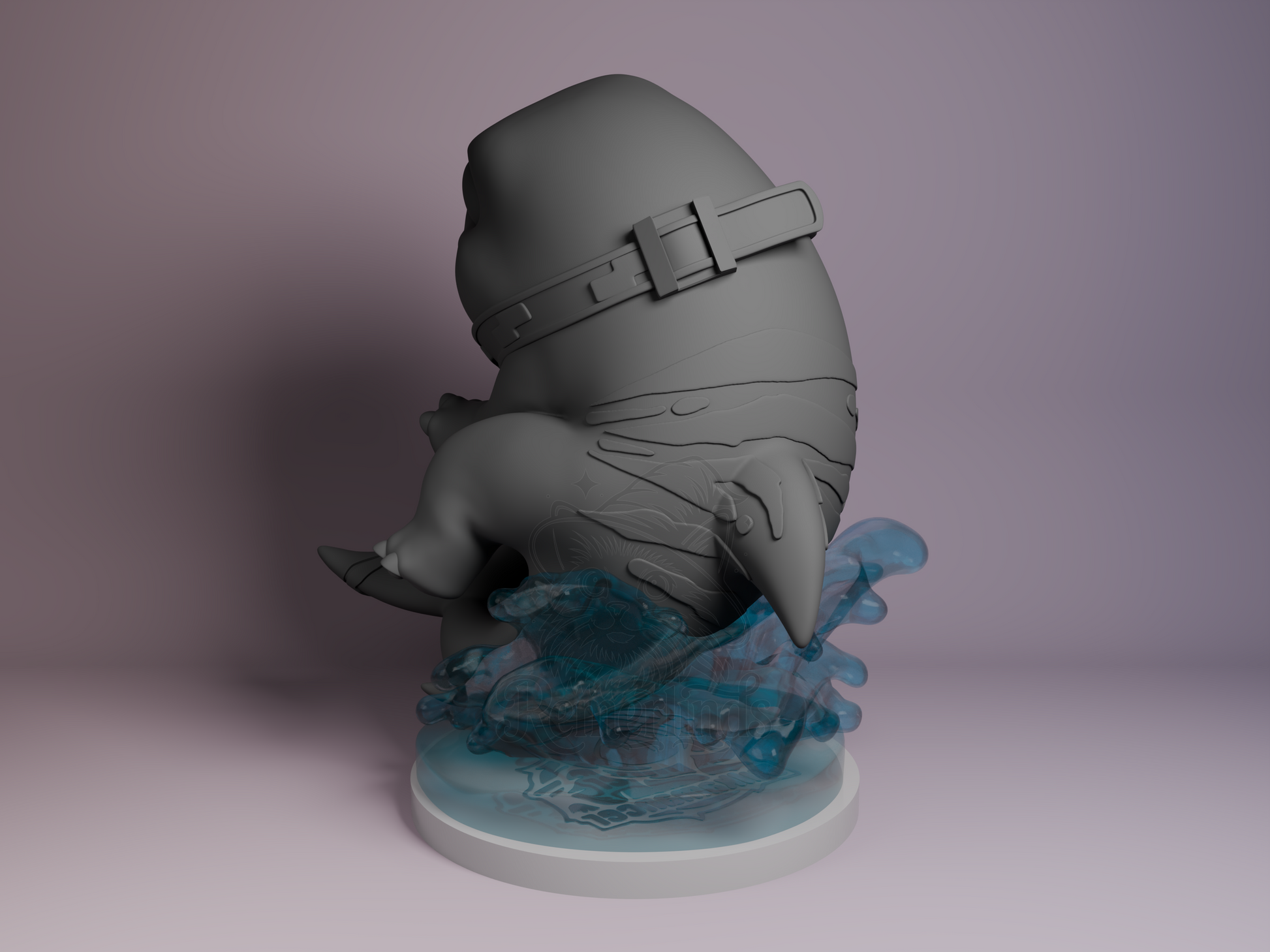 Back-left angle highlighting water splash details, tail curve, and collar texture.