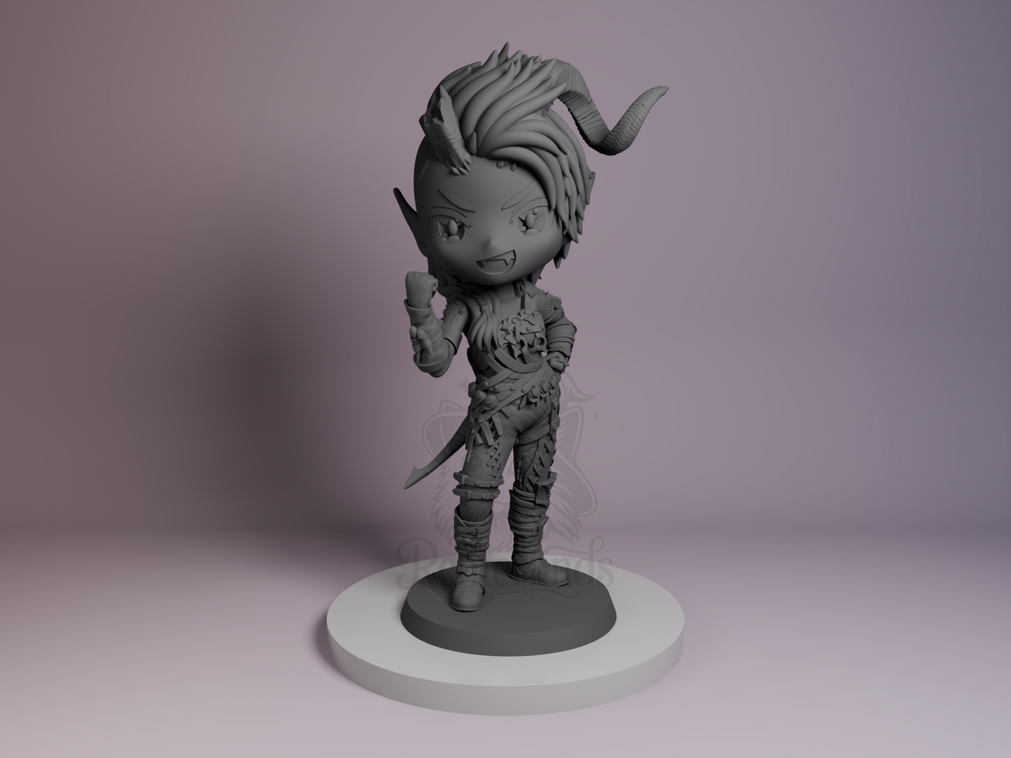 Chibi Karlach Baldur’s Gate 3D printed resin Chibi by Bulkamancer, unpainted front view showing confident stance with raised fist and horned hairstyle.