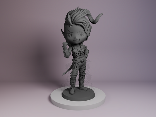Chibi Karlach Baldur’s Gate 3D printed resin Chibi by Bulkamancer, unpainted front view showing confident stance with raised fist and horned hairstyle.