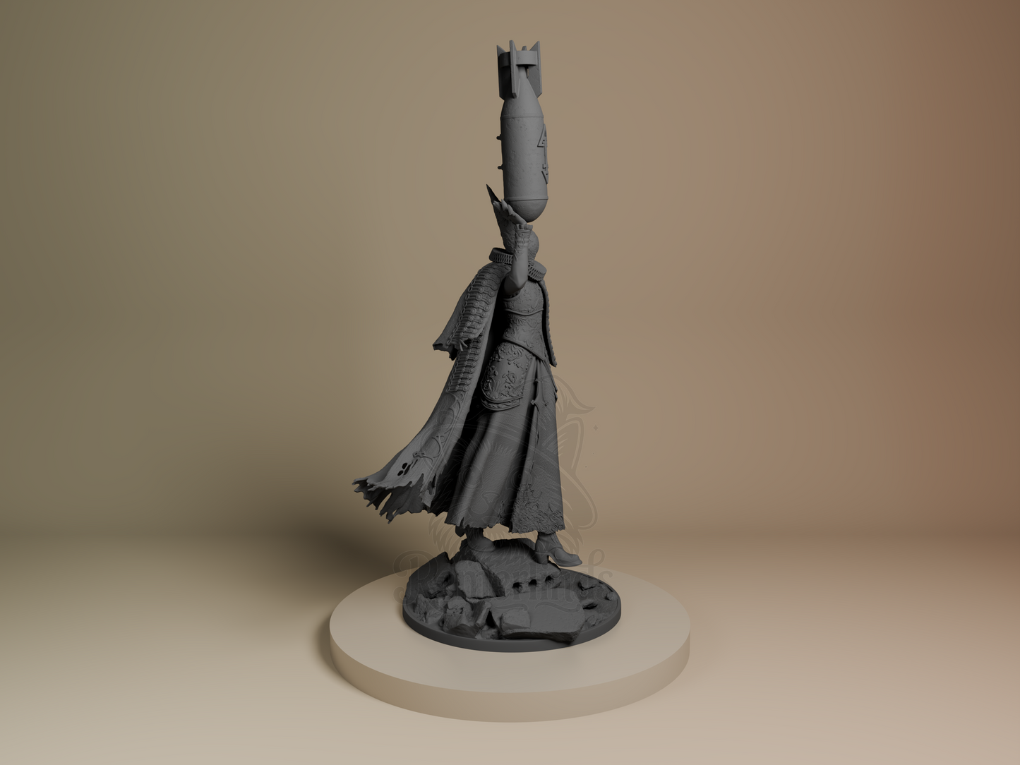 Right side angle highlighting upraised arm pose and torn cloak edge.