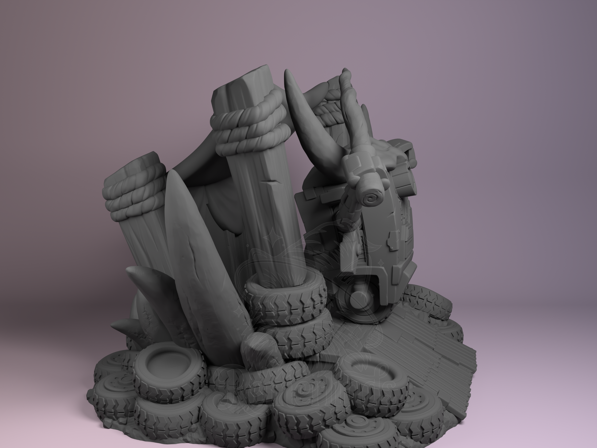 Right side angle showing tire stacks and side plating.