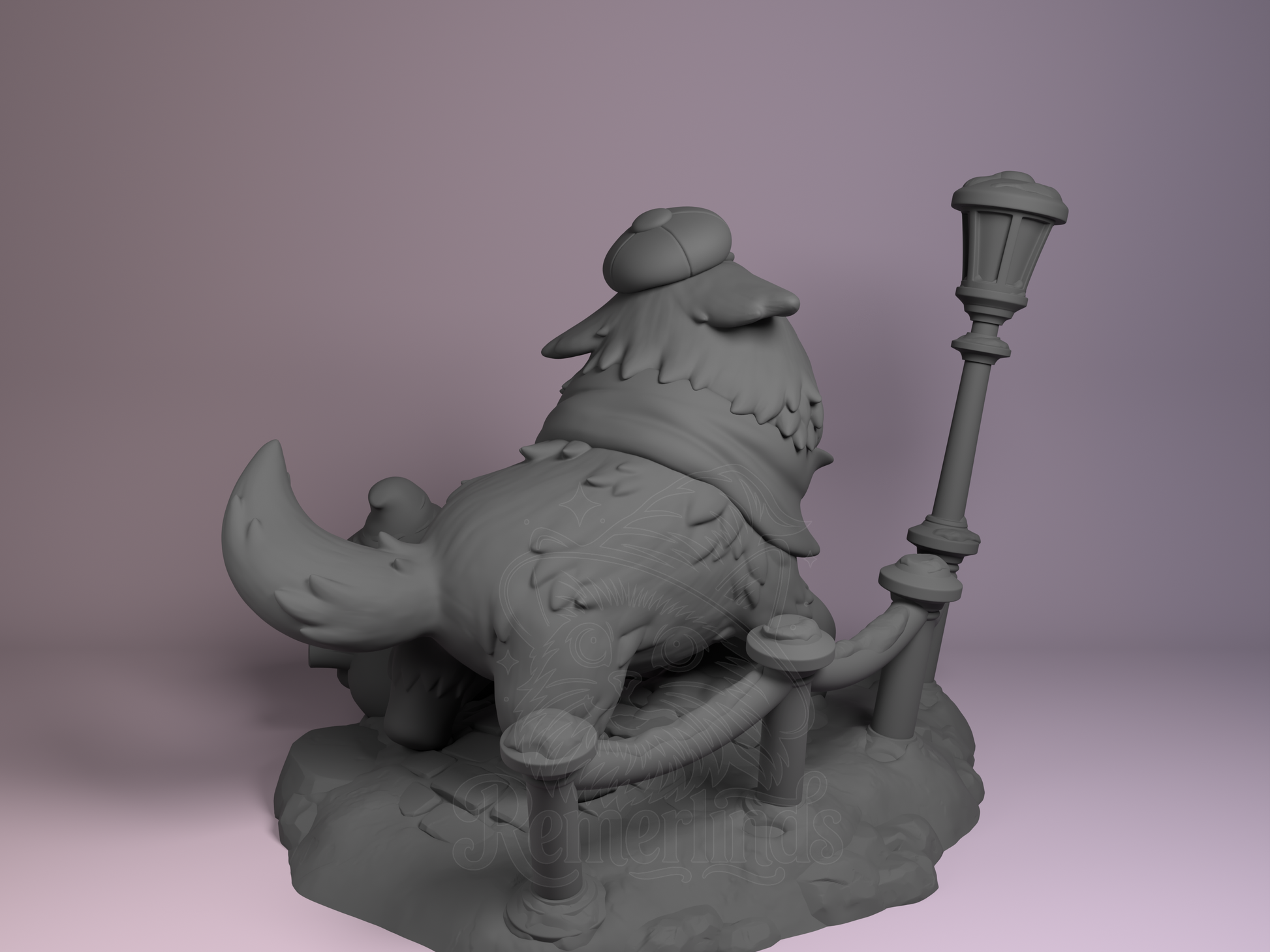 Rear view showing lamp base, snow texture, and character sculpted fur.