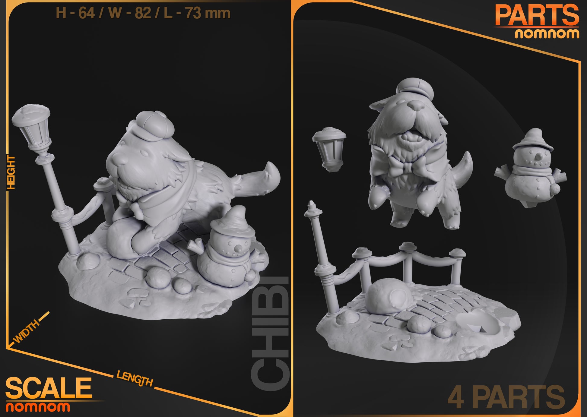 Parts and size reference image showing lamp post, Bond figure, and snowman accessory.