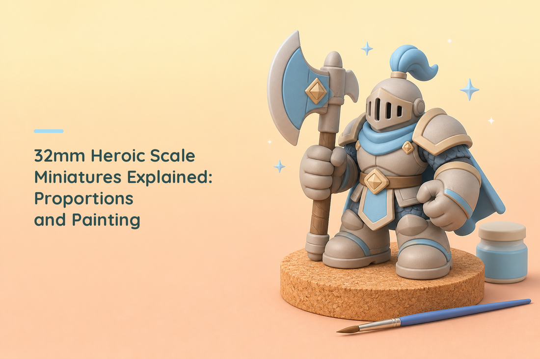 A chunky heroic proportioned knight figure with deliberately oversized hands, boots and axe standing on a cork disc, with a single fine brush and one paint pot alongside