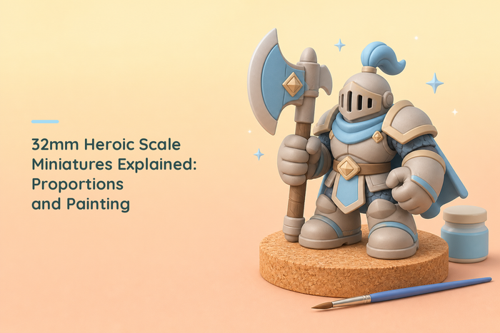 A chunky heroic proportioned knight figure with deliberately oversized hands, boots and axe standing on a cork disc, with a single fine brush and one paint pot alongside