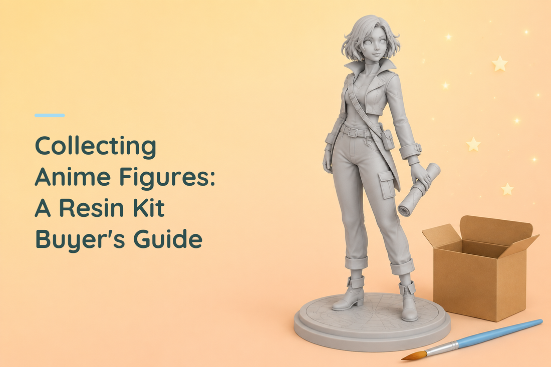 Grey resin anime-inspired cartographer holding a rolled map beside an open kraft box and blue paintbrush