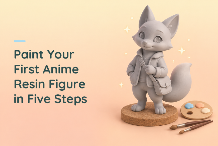 Grey fox courier resin figure beside brushes and a palette, with the first anime figure painting guide title