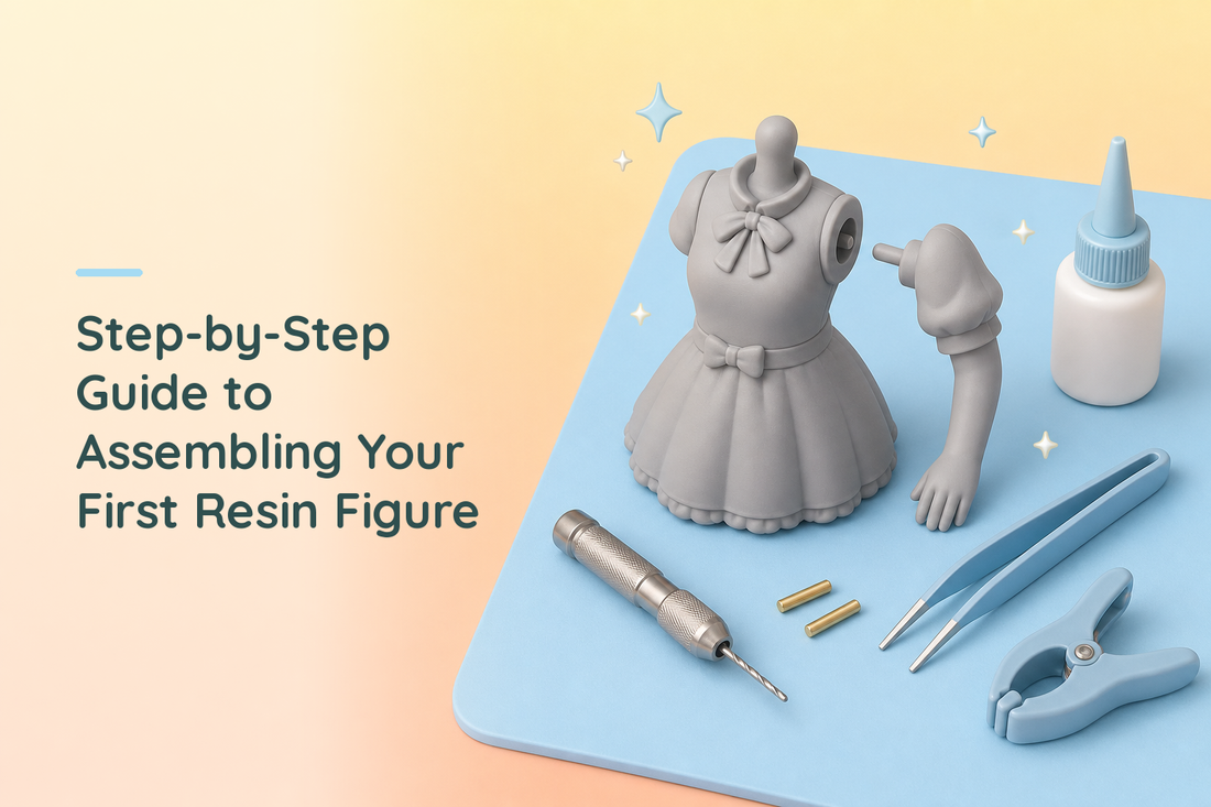 A grey resin figure torso with a separate arm dry-fitted on a peg, resting on a light blue cutting mat alongside a pin vice, two lengths of brass rod, a glue bottle, tweezers and a spring clamp