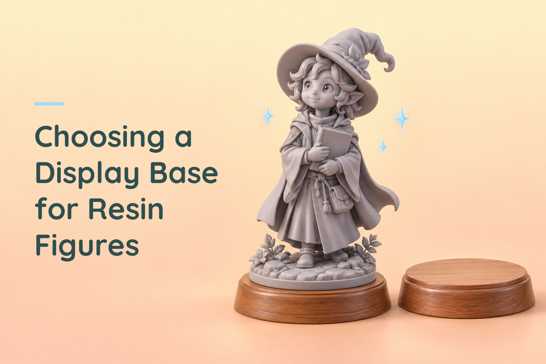 Grey resin wizard on a wooden display plinth beside a spare base