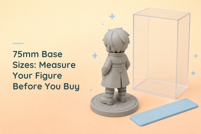 Grey resin explorer on a round base beside a clear display cover and an unmarked blue measuring tool