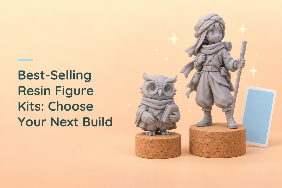 Original grey resin explorer and owl figures illustrating a choice of hobby projects