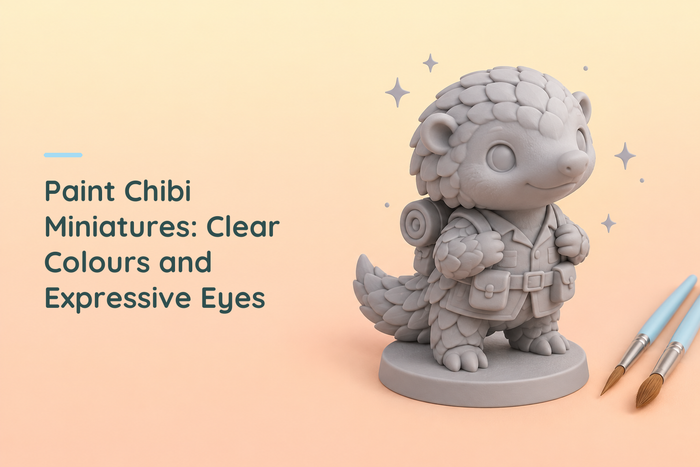 Grey resin chibi explorer beside blue brushes, with the clear colours and expressive eyes painting guide title