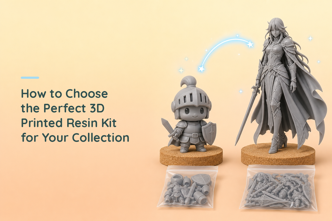 A small chunky chibi knight and a tall slender highly detailed armoured figure side by side, both in plain grey resin on cork discs, each with a sealed bag of grey kit parts in front of it and a light blue sparkle arc between them