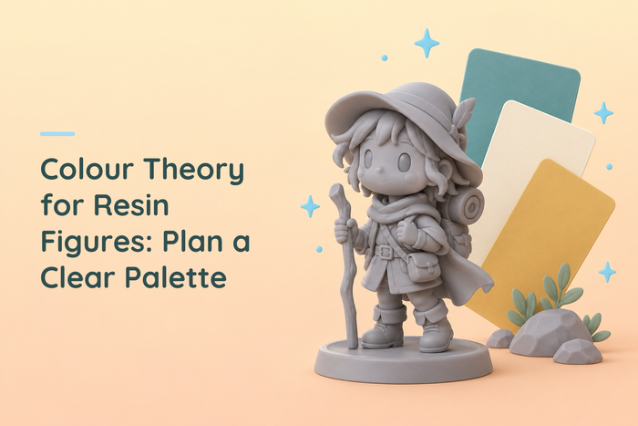 Unpainted chibi wanderer beside teal, cream and ochre palette cards