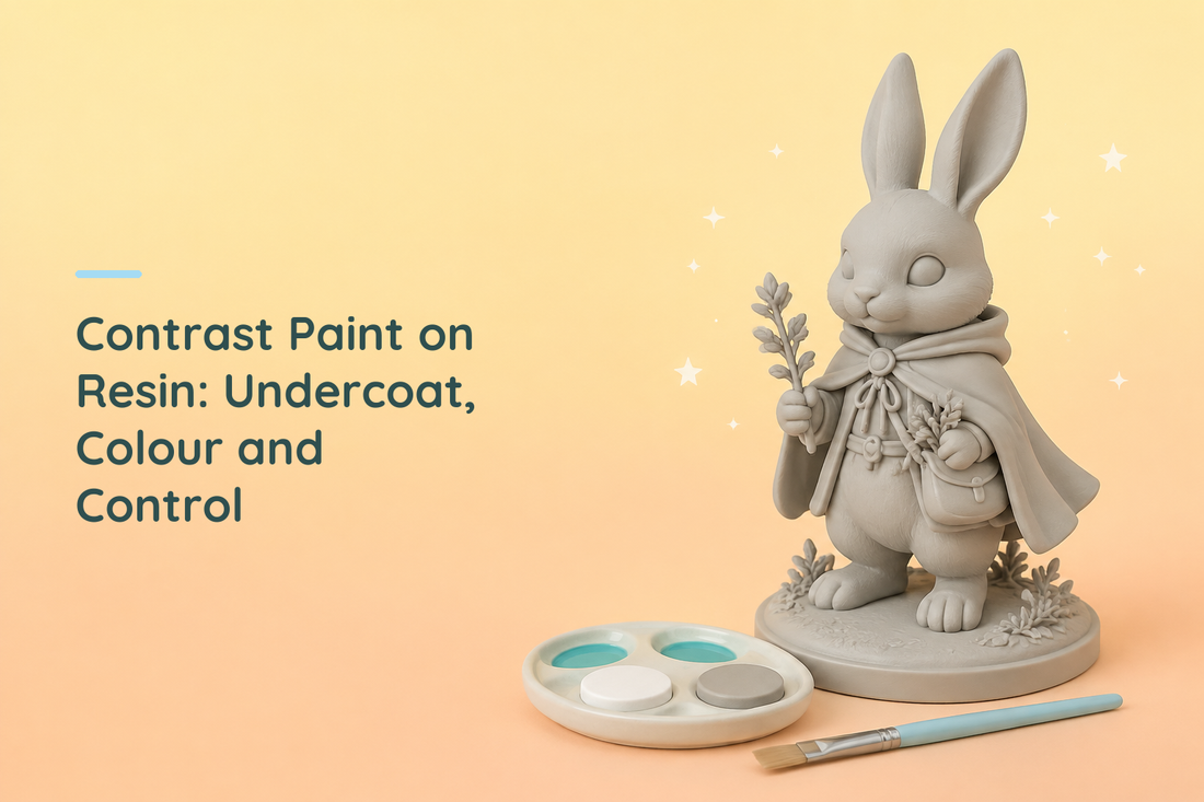 Grey resin rabbit botanist beside a palette of teal paint, white and grey sample discs and a blue brush