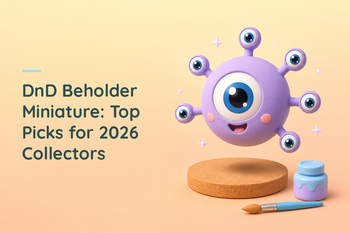 A friendly lavender chibi floating eyeball creature with one large central eye and six small eyestalks, hovering above a cork disc next to a paint pot and brush