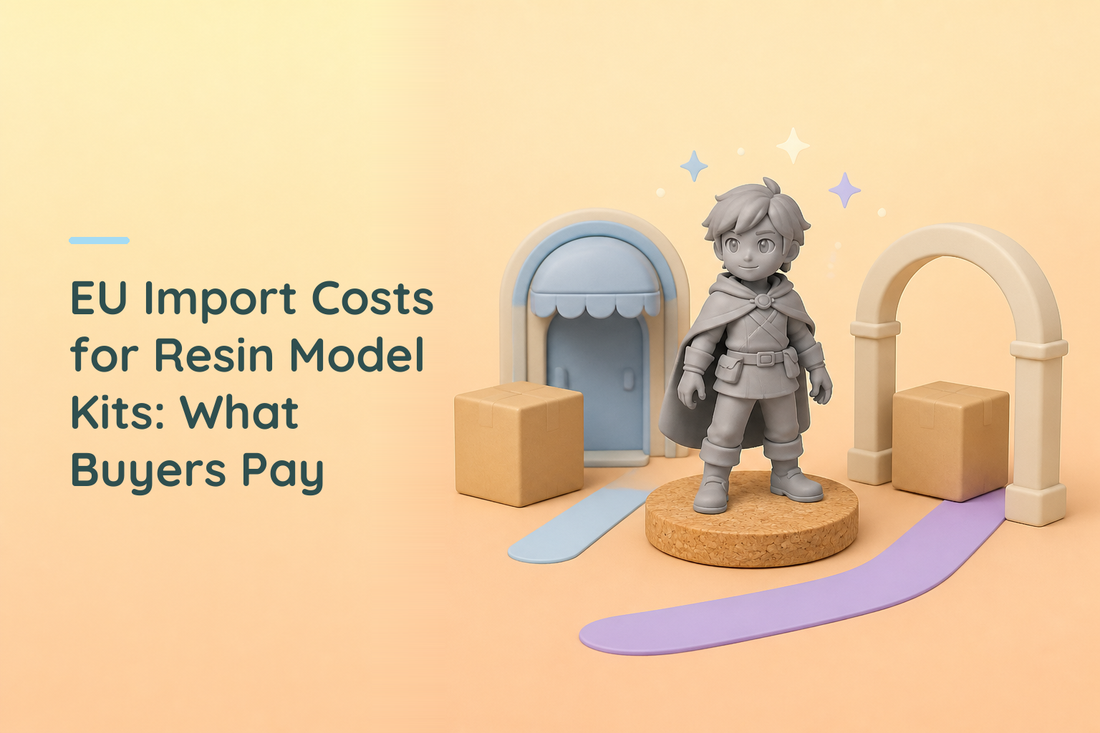 EU import costs for resin model kits shown with a grey figure between an EU route and an import route