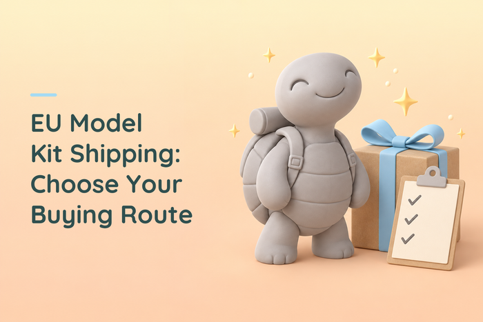 Grey turtle explorer resin figure beside a parcel and checklist, with the EU model kit shipping guide title