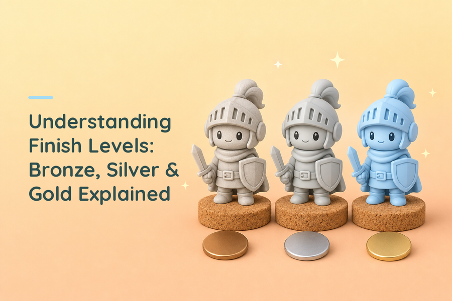 Three identical chibi knight figures on cork discs showing three levels of preparation, the first bare grey resin, the second sanded smooth, the third coated in pastel blue primer, with blank bronze, silver and gold tokens in front of them